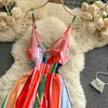 Ins Fashion Rainbow Striped Color Match Spaghetti Strap Long Maxi Dress Boho Deep V-neck Lace-up Backless Ruffles Holiday 210603