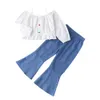 Winter Children Sets Long Sleeve Single Breasted White T-Shirt Blue Flare Trousers Cute 2Pcs Girls Boys Clothes 18M-6T 210629