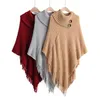 Dames Poncho Winter Cape Korean High Collar Twee gesp Tassel Cloak Sweater Slanke Jas Wol Warme Luxe 210428