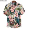 Funky Hawaiian Beach Camisa Homens Manga Curta Floral Impressão Tropical Aloha Camisa Casual Botão Down Party Férias Roupas Chemise 210522