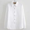 Jesień Kobiety Solidna Bluzka Koszula Casual Turn Down Collar Loose Lady Biuro Topy Elegancki Długi Rękaw Podstawowe Białe Bawełniane Koszule 210526