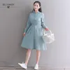 Mori Girl printemps automne Chic femmes robe à volants élégant bleu vert Vestidos Mujer coton lin gland Kawaii 210520