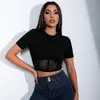 女性のTシャツ大ギャガガ2022夏のパッチワークの女性の黒いリブメッシュ短いティーカジュアルシックなO-ネックスキニーレギュラー女性Blusas Top