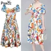 Fashion Designer Runway Summer Dress Women's Square Collar Victorian Vintage Casual Floral Printed Dresses plus size 2xl 210421