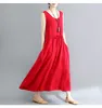 Johnature Summer Cotton Linen Women Dress Vintage Loose Comfortable O-neck Solid Color Plus Size Sleeveless Vest Dress 210521