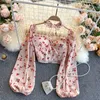 Sexy Frauen Tops Gothic Floral Print Elegante Chiffon Bluse Shirts Langarm Rosa Dame Crop Kleidung 211018