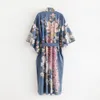 Kimono Sleeve Robe Kaftan Khaki花柄プリントBohoカーディガンセクシーサイドスリットジプシービーチ夏秋ロングレディースブラウスBlusas 210427