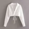 Elegant Women Cute Cross V-Neck Hem Bandage Cropped Blouse Za Vintage Bodycon Smock Summer White Chic Female Shirt Tops 210521