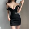 WOMENGAGA Vintage Spring V-neck Low Bust Sexy Temperament Solid Lace Tank Mini Party Black Dress Elegant Dresses M7 210603