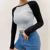 HEYounGIRL Casual Patchwork Long Sleeve Crop Top T Shirt Fashion Basic Cotton Tshirt Women Fashion Slim Korean Tee Shirt Femme Y0508