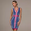 2021 Summer New Women s Fashion Sexy Striped Stitching Bandage Dress Deep V neck Vestidos Party Club Mini Christmas Dress 210319