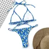 Traje de baño de mujer 2021, traje de baño de cuerda, ropa de playa, traje de baño Sexy con estampado Floral azul, conjunto de Micro Bikini triangular de corte alto para mujer