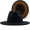 Pink and Leopard Two Tone Wool Felt Fedora Hats Women Men Patchwork Wide Brim Jazz Formal Hat with Leather Band1925412