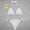 Kvinnors badkläder Kvinnors 2st Solid Color Women Halter Bandage Bikini Set Rhinestone Link Circle Swimsuit 2022Bikini Sexy