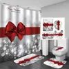 Christmas Red bow knot Printed 180x180cm Shower Curtain Pedestal Rug Lid Toilet Cover Mat Non-slip Bath Mat Set Bathroom 211116