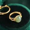 Cluster Rings Original Ancient Gold Craftsmanship Natural Hetian Jade Oval Bamboo Shape Opening Adjustable Ring Ladies Silver Jewelry