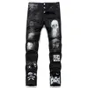 New Style Wash Ripped Jeans Men's Skull-Print Slim Stretch Black Patch Jeans Casual Fashion Personality Trousers X0621