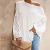 Frauen Patchwork Aushöhlen Langarm T-shirt Waffel Stricken Tops Schulterfrei Übergroße Pullover Tops Herbst Frauen Kleidung 210317