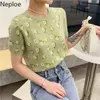 Neploe Sommer Strick T-shirt Elegante Blume Crop Tops Frauen Koreanische Mode Frau Kleidung Kurzarm T-stücke Jacquard Dünne Pullover 210422