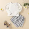 kids Clothing Sets girls outfits children Puff Sleeve Tops+Stripe skirts 2pcs/set summer Spring Autumn fashion Boutique baby clothes