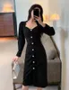 Casual Dresses Fashion Designer Single Breasted V Neck Tweed Dress Spring Autumn Women Long Sleeve Pearl Button Vintage Slim Sheath Midi