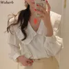 Camisa Mulheres Mola Blusas Vintage Ruffled Peter Pan Collar Branco Coreano Coreano Elegante Tops Moda Blusas Mujer 4i368 210519