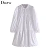 Mode femmes broderie Mini robe bouffée à manches longues en vrac blanc coton femme O cou décontracté plissé robe d'été 210515