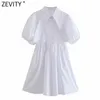 Zevity Donna Dolce Tinta unita Pieghe Popeline Mini abito Chic Manica a lanterna Abiti casual Donna Tempo libero Abiti a linea DS8296 210603