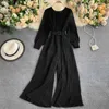 LY VAREY LIN Autumn Elegant Solid Jumpsuits Women Office Lady Long Sleeve with Belt O Neck Pleated Wide Leg Trousers 210526