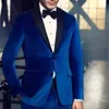 2 stycke sammet casual män kostymer för bröllop smal passform brudgum tuxedo kunglig blå manlig mode kostym jacka med byxor ny 2020 x0909