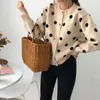 Qooth 2 colors Cardigans Spring and Autumn Korean Style Polka Dot Knittd Cardigans Womens Sweaters Womens Coat qh2301 210518