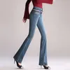 Primavera outono cintura alta micro la jeans mulheres esticar o abdômen calças sino tamanho grande slim calças largas