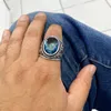 Cluster ringar Big Aquamarine Stone Hand Production 925 Silver Men's Ring