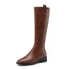 Med Heel Riding Boots Woman Block Knee High Zipper Square Toe Long Female Shoes Autumn Winter Brown 40 210517