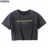 Yozou Dames Retro Vintage Letters Borduurwerk Zomer Verontruld Zwart O-hals Crop Top T-shirt voor Vrouw 210623