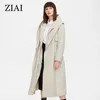 Ziai女性秋のキルティングジャケット女性長い薄い綿のトレンチコートフード付き隠しボタンベルトエレガントなウインドブレーカーZM-7285 211018