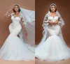 Nigeria Sydafrika sjöjungfrun bröllopsklänningar spetsar full ärm applicerade sveptåg tyll brudklänningar ren o-hals arabisk aso ebi vestidos de novia plus storlek al9374