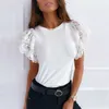 Letnia Koronka Patchwork Szczupła Koszulka Kobiety Ruffles Krótki Rękaw Trójniki Eleganckie Casual Solid Topy Ladies O Neck White Black 210526