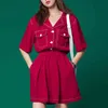 Womenturn Down Collar Summer Solid Red Green Pocket Rompers Jumpsuit Short Sleeve J0120 210514