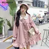 Japanska ulzzang spets broderi docka klänning kvinnor hajuku rosa ruffles kawaii klänningar lolita cosplay söt lös vestidos 210520