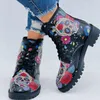 Boots Punk Women Ongle Vintage High Top Skull Print Flower Foil Foil Flash Low Heel Lace Up British Combat Booties Lady Short Boot