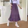 Black White Fashion Korean Ruffle Midi A-line Skirt Women Casual Spring Summer High Waist All-match Long Skirts Femme 210601