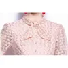 Fashion Designer Runway Dress Women Pink Bow Collar Elegant Lace Hollow Out Summer Dresses Vestidos 210520