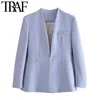 TRAF Femmes Mode Bureau Porter sans col Blazer Manteau Vintage Manches longues Poches passepoilées Vêtements de dessus pour femmes Chic Veste 211122