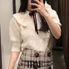 Women Fashion With Faux Pearls Knitted Sweater Vintage Bow Tie O Neck Puff Sleeve Female Pullovers Chic Tops 210507