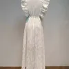 GetSpring Women Dress Embroidery Short Sleeve Maxi es Ruffle Drawstring White Large Hem High Waist Vintage es 210601