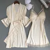 Sexy Mulheres Rayon Kimono Bathrobe Branco Noiva Casamento Robe Set Lace Trim Sleepwear Casual Roupas Nightwear 210831