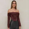 Women Off Shoulder Satin Corset Tops Long Sleeve Slash Neck Blouses Wine Red Elegant Shirts Sexy Backless Top Cropped Shirts Y220304