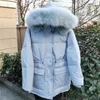 Winter Women Large Natural Fox Fur Hooded Jacket 90% White Duck Down Thick Parkas Warm Sash Tie Up Snow Coat 210430