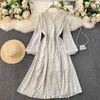Весенняя мода французский ретро пастырский флористический Vestidos V-образным вырезом слоеного рукава стройное платье MIDI C359 210507